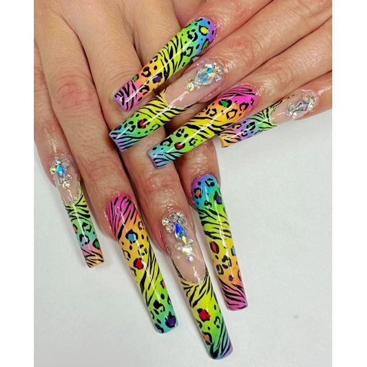 Safari Adventure Extra Long Coffin Multicolor Animal Print Press On Nail Set with Rhinestone Embellishments