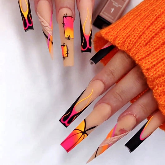 Sunset Silhouette Extra Long Coffin Press On Nails with Black Pink Orange Ombre and Flame Design