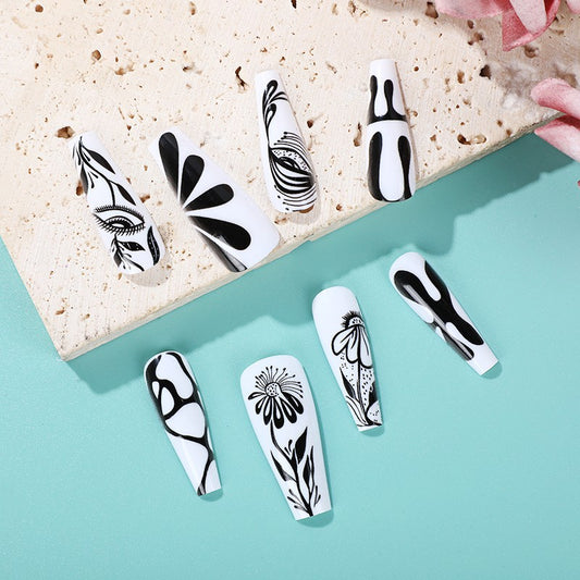 Tropical Escape Long Coffin Black and White Press On Nail Set with Floral Art Design