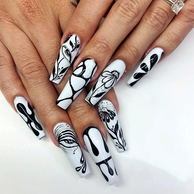 Monochrome Elegance Extra-Long Coffin Black and White Floral Art Press On Nail Set