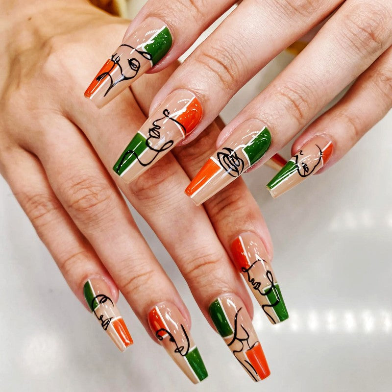 Abstract Art Long Coffin Multicolor Press On Nail Set with Line Drawing Faces Design