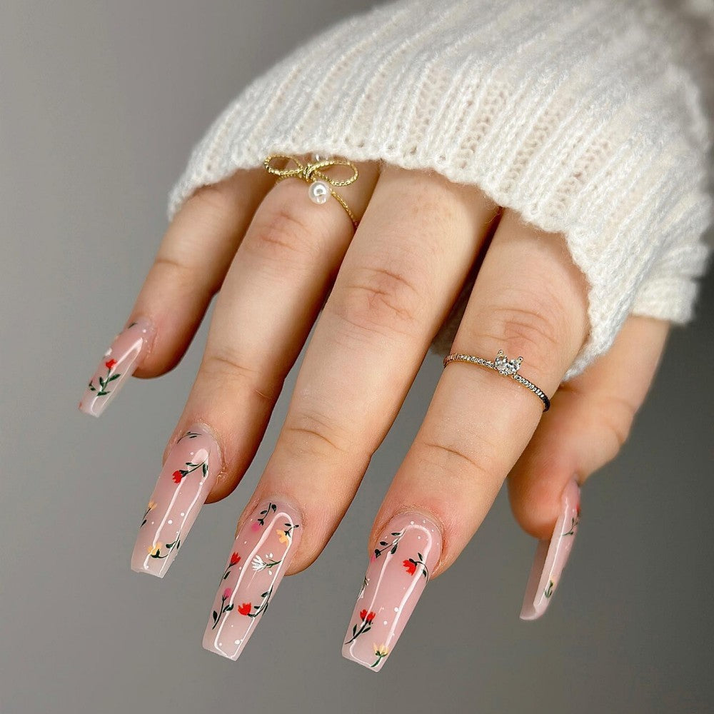 Floral Elegance Extra-Long Coffin Pink Press On Nail Set with Hand-Painted Flower Accents