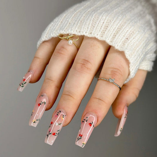 Floral Elegance Extra-Long Coffin Pink Press On Nail Set with Hand-Painted Flower Accents