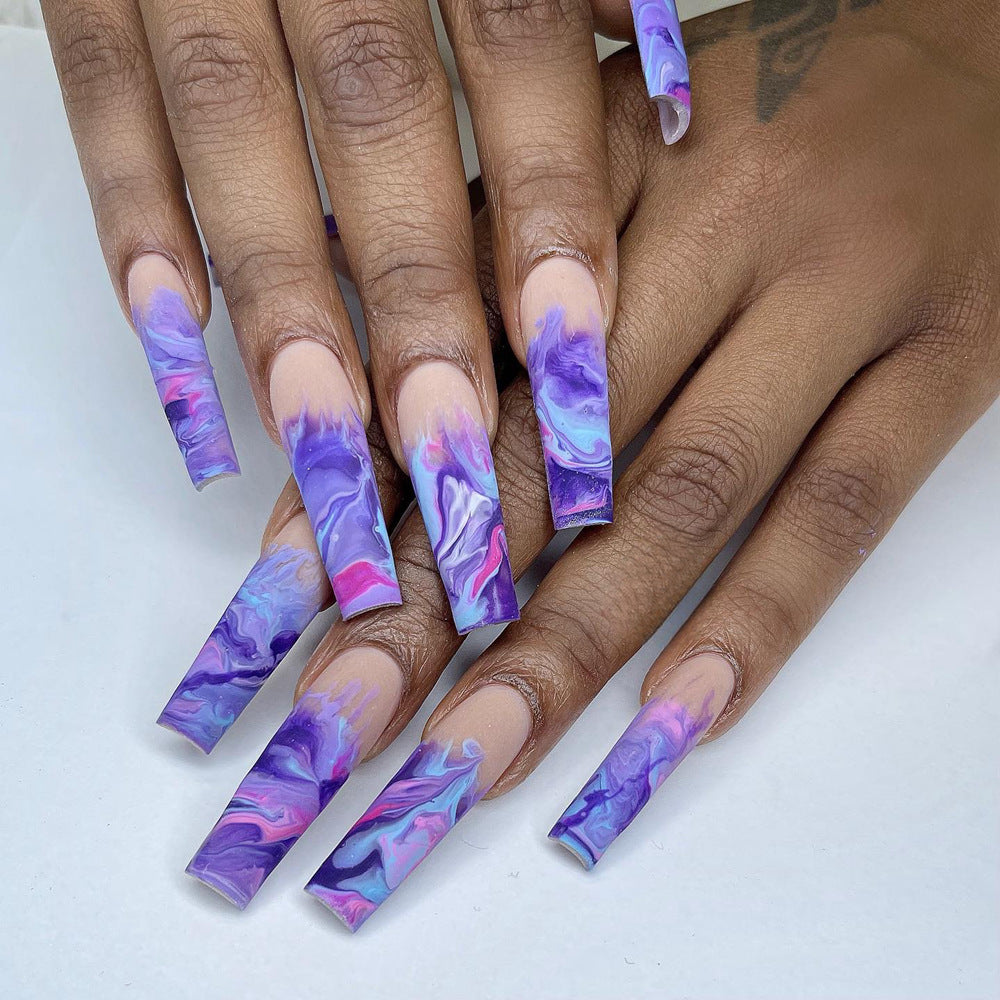 Cosmic Swirl Extra Long Square Press On Nails Set in Lavender and Pink Marble Design