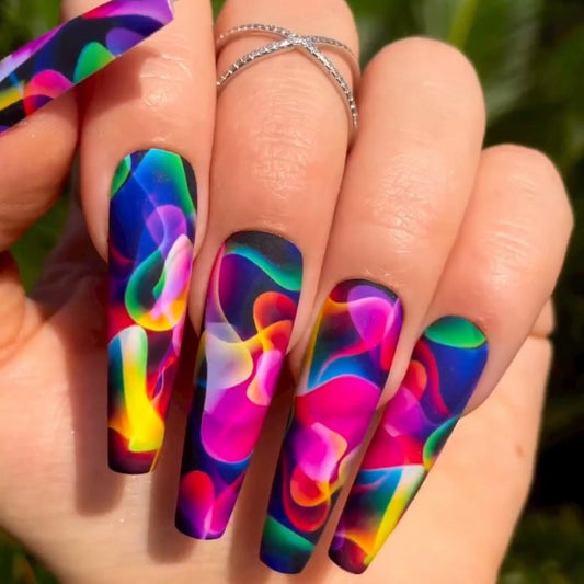 Tropical Paradise Long Coffin Multicolor Press On Nails Set with Vibrant Floral Patterns