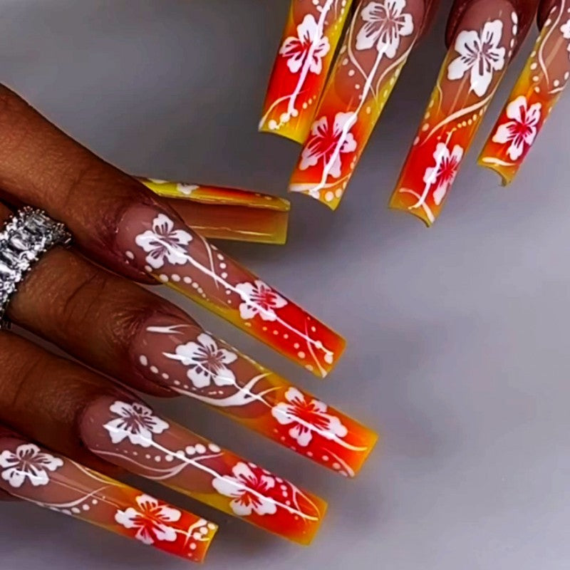 Tropical Sunset Long Coffin Ombre Press On Nail Set with Floral Accents