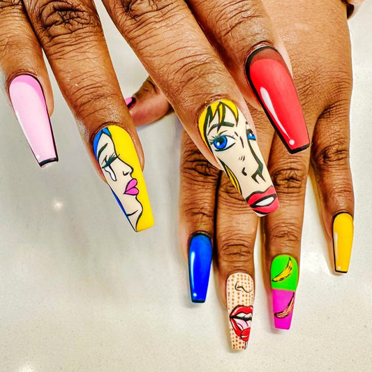 Pop Art Extravaganza Extra Long Stiletto Multicolor Press On Nail Set with Hand-Painted Designs