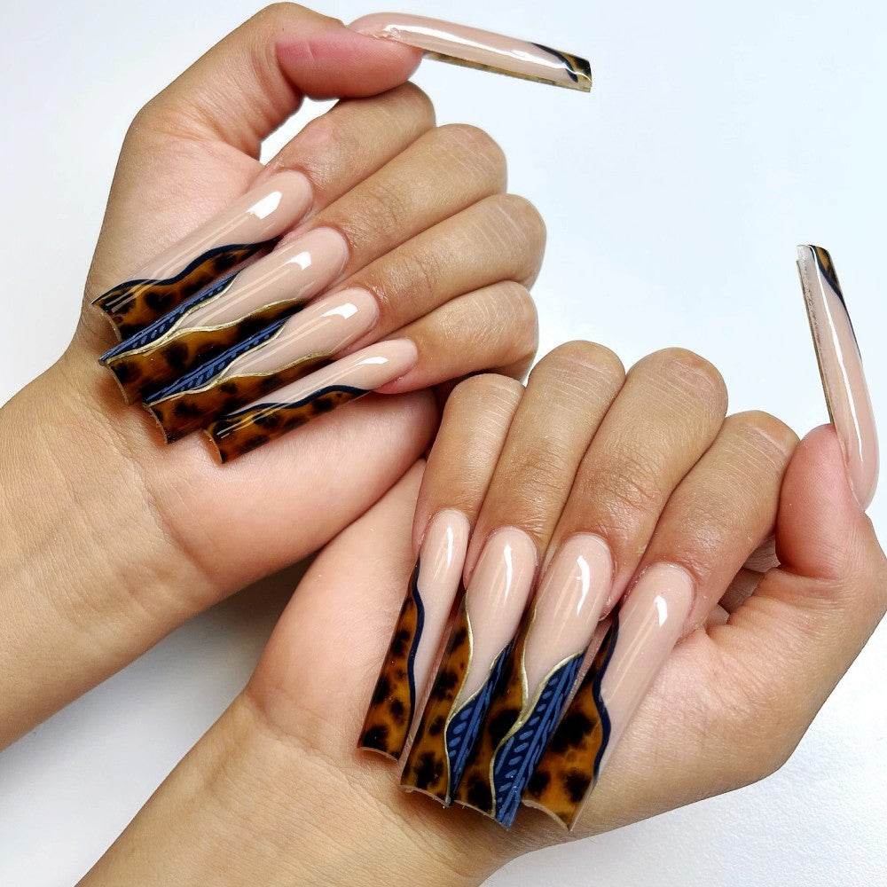 Safari Chic Extra Long Square Beige Press On Nail Set with Tortoiseshell Accent Design