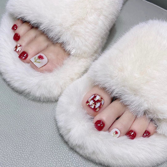 Simple Changes Red Floral Press On Toenails