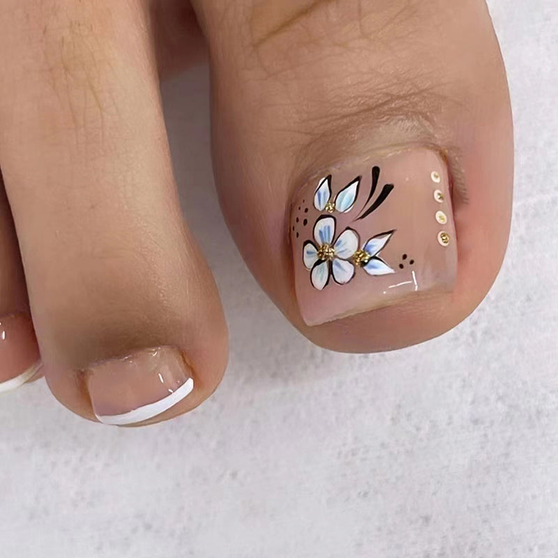 Hula White Floral Press On Toenails