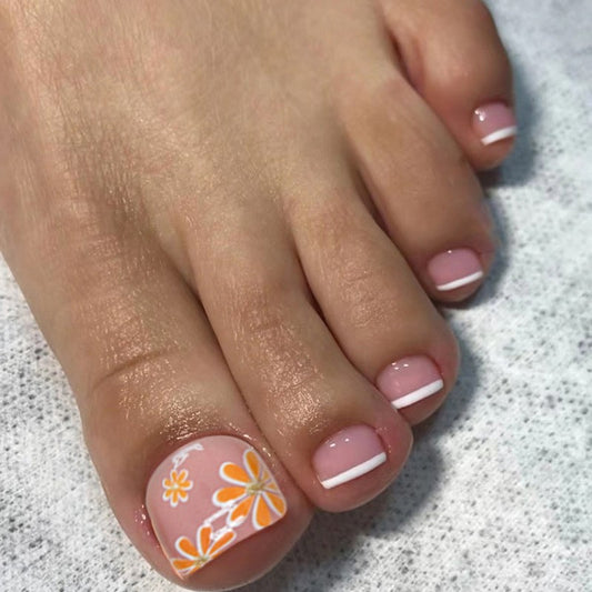 The Seventies Orange Floral Press On Toenails