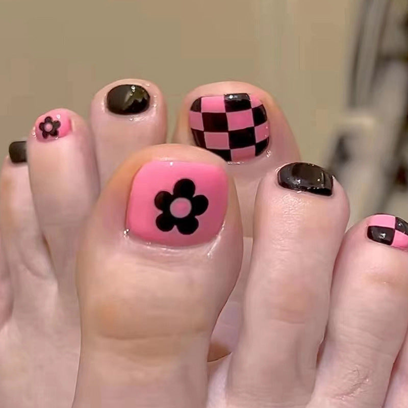 Fluffy Flower Pink Checkered Press On Toenails