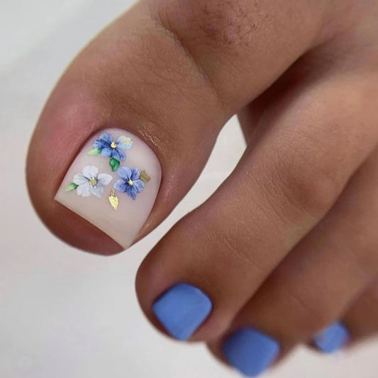 Melted In Blue Floral Press On Toenails