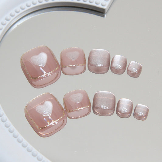 Blushing Romance Short Square Pink Glitter Heart Press On Toenail Set