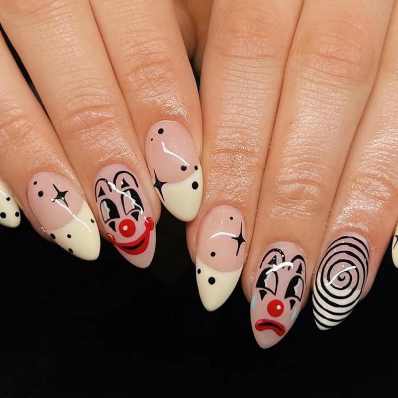 Clowns Star Long Almond Black Cartoon Press On Nails