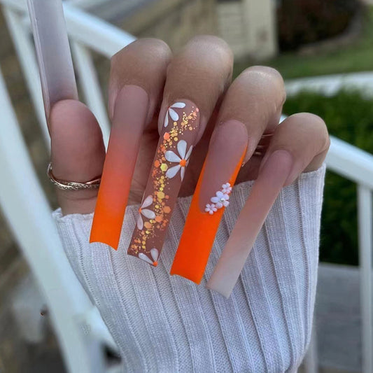 At That Pricepoint Long Square Orange Vacation Press On Nails