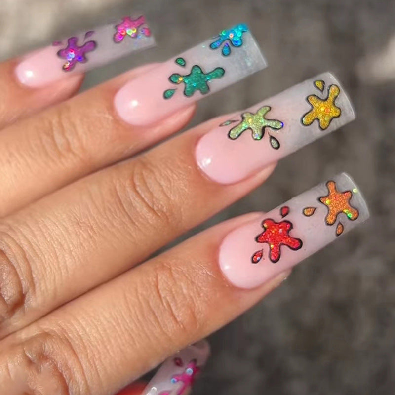 Splat Splat Long Square Multicolor Cute Press On Nails