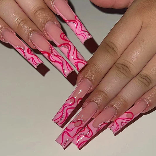 Trophy Wife Long Square Pink Groovy Press On Nails