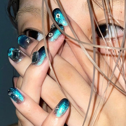 Cat Eye Glam Studded Blue Press On Nails