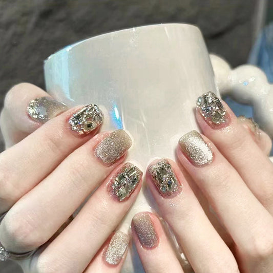 Glamorous Glitter Extravaganza Medium Length Square Shaped Silver Press On Nail Set with Rhinestone Accents