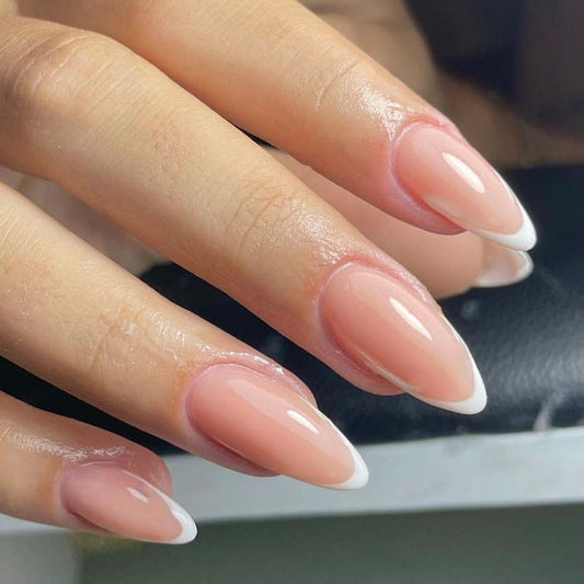 Elongated Border Medium Almond Beige French Tips Press On Nails