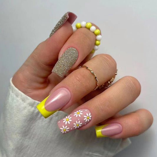 The Daisy Glam Long Square Yellow Glitter Press On Nails