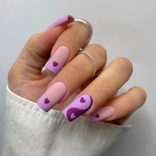 The Yin To My Yang Medium Square Purple Hearts Press On Nails