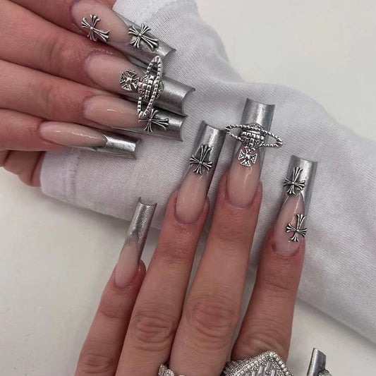 Jupiter Jupiter Long Coffin Silver Bold Press On Nails