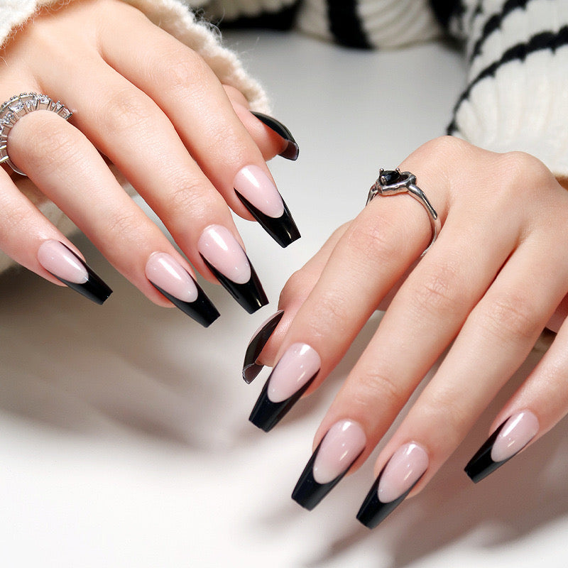 Customer Satisfaction Medium Coffin Black French Tips Press On Nails