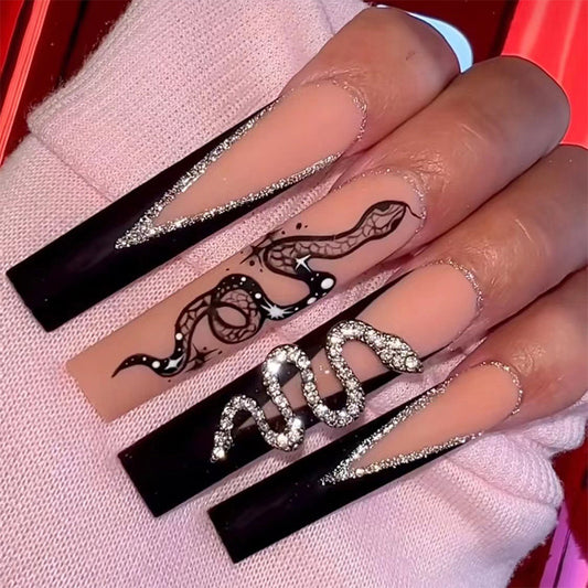 Let's Go Girl Long Coffin Black Snake Skin Press On Nails