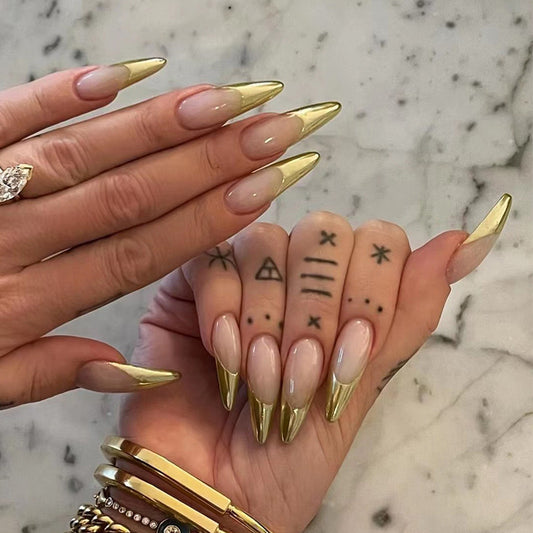 Don't Mess With Me Long Stiletto Gold French Tips Press On Nails