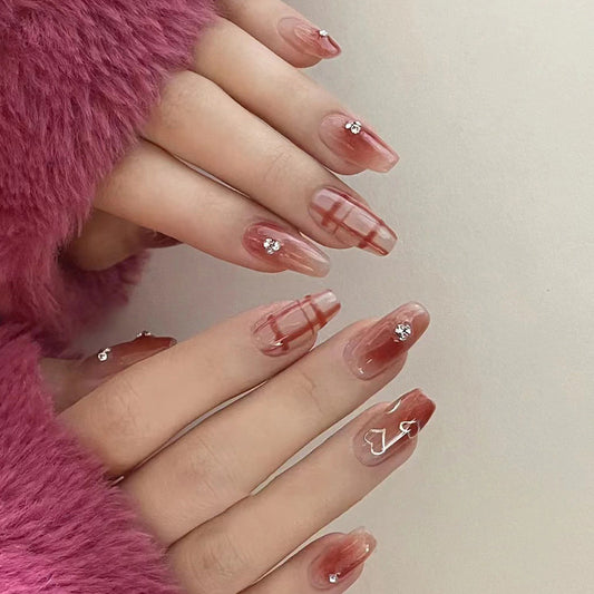 Gloss Plaid Diamond Short Coffin Red Cute Press On Nails