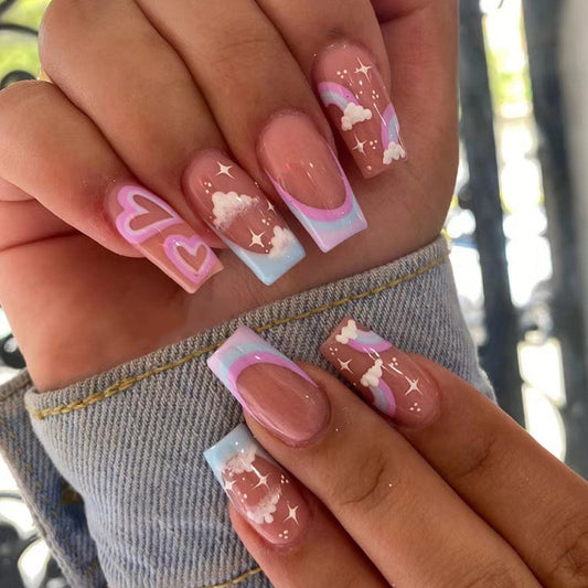 Pixie Clouds Medium Coffin Pink Cute Press On Nails