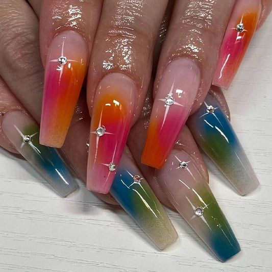 Galaxy Away Long Coffin Red Astrology Press On Nails