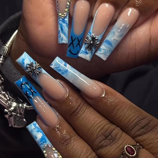 Wavy Baby Long Coffin Blue Bold Press On Nails