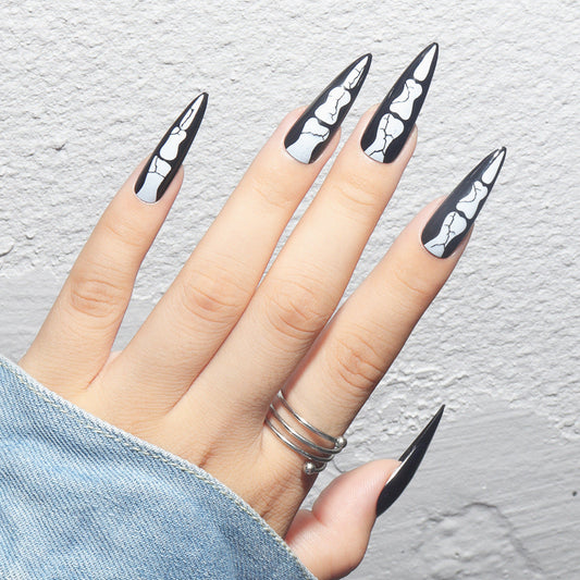 Bones and Bones Long Almond Black Cartoon Press On Nails