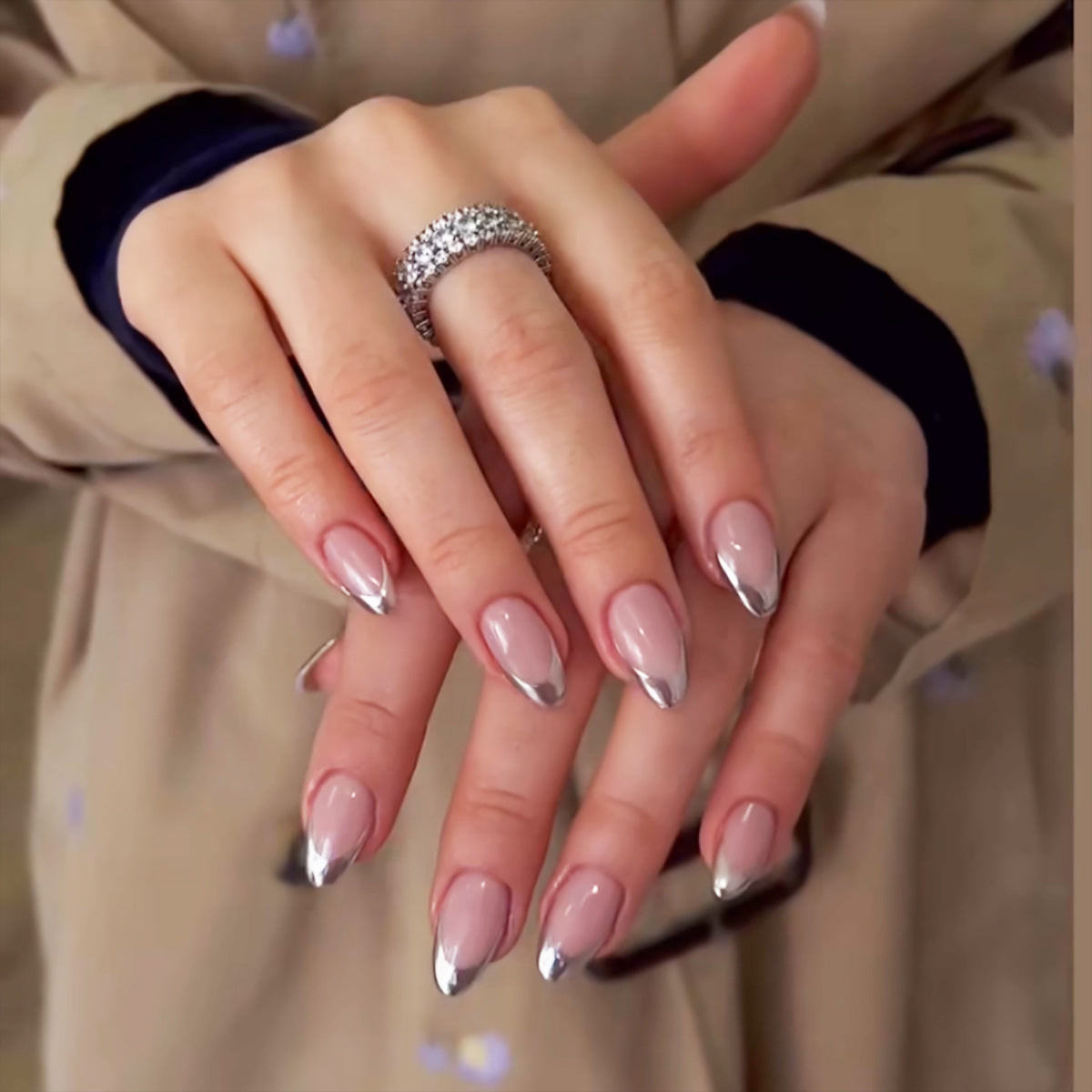 Dipped In Metal Medium Almond Silver French Tips Press On Nails