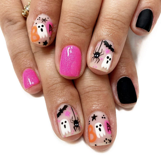 Cute Boo Energy Short Square Multicolor Halloween Press On Nails