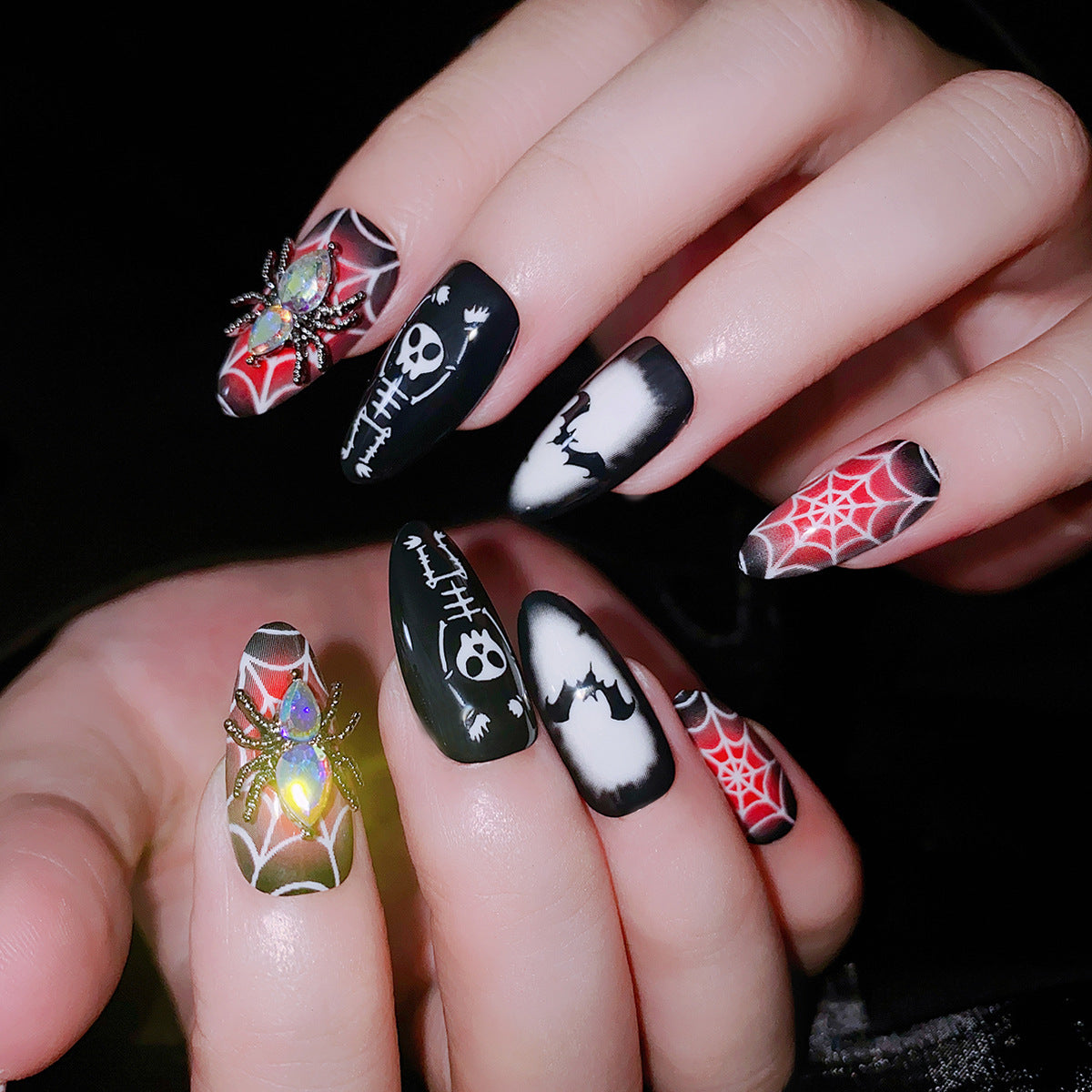 Spider Studs Medium Almond Red Halloween Press On Nails