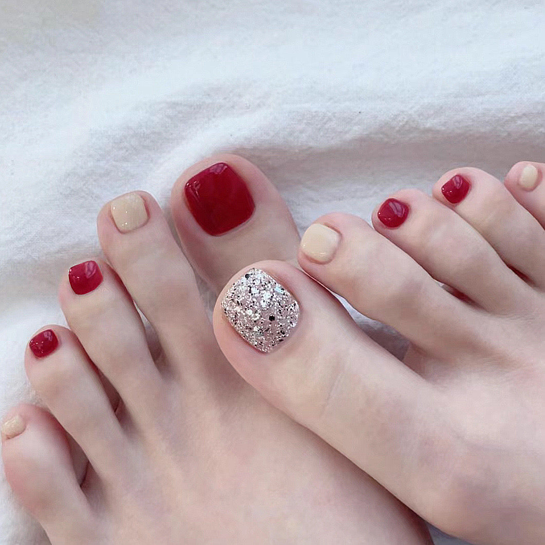 Classic Chic Medium Square Press On Toenails Set in Glossy Red and Beige with Sparkling Glitter Accent