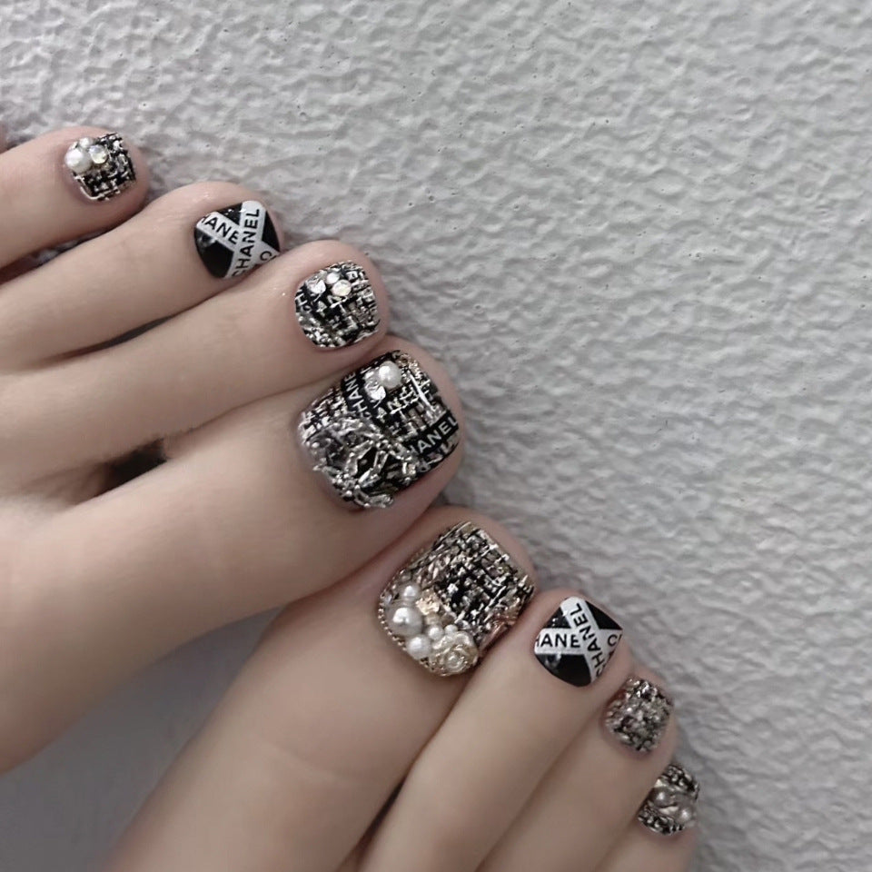 Chanel Tweed Pearls Black Press On Toenails