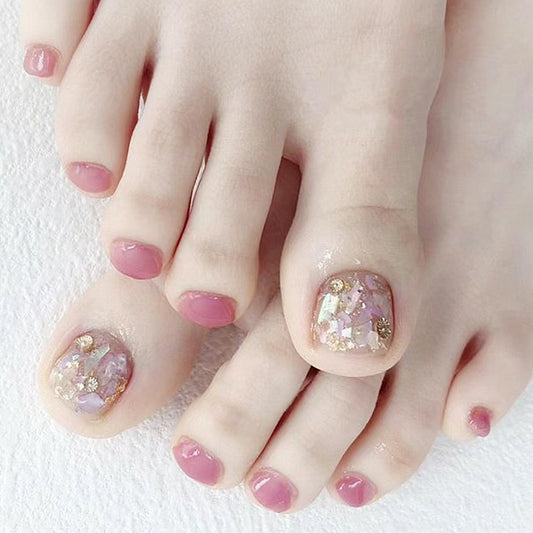 Petite Petal Pink Natural Rounded Press On Toenails Kit with Opalescent Flakes