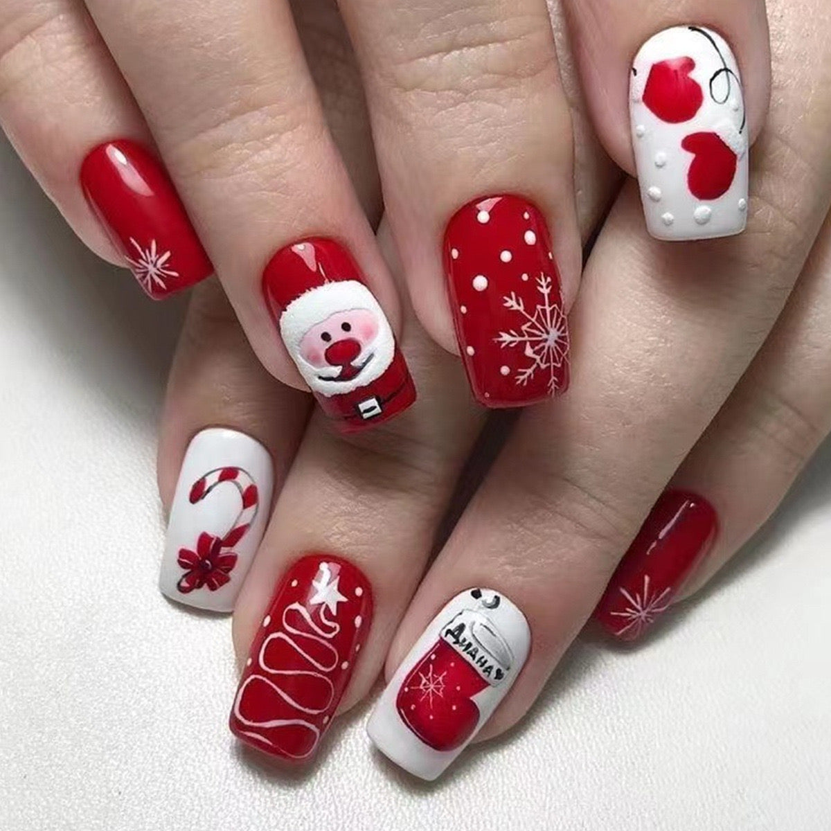 Stockings Mittens And Santa Medium Square Red Holiday Press On Nails