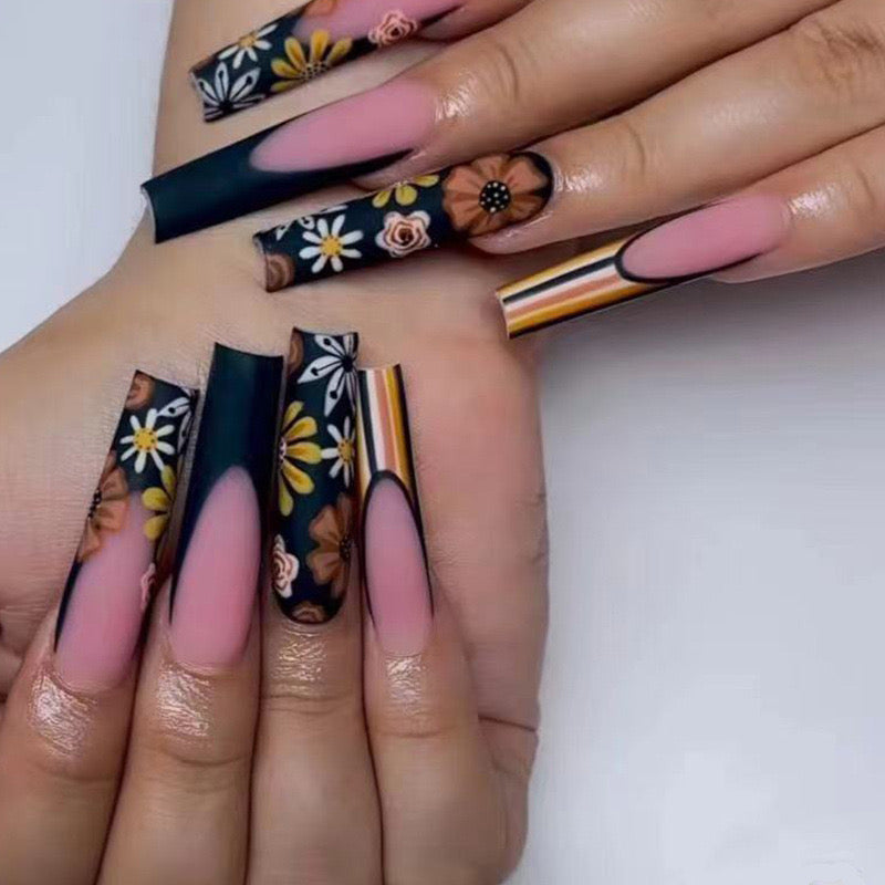 Bohemian Rhapsody Extra Long Coffin Midnight Blue Press-On Nails with Floral Art and Striped Accents