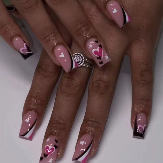 Romantic Affair Medium Square Mauve Press-On Nails with Heart and Snowflake Designs