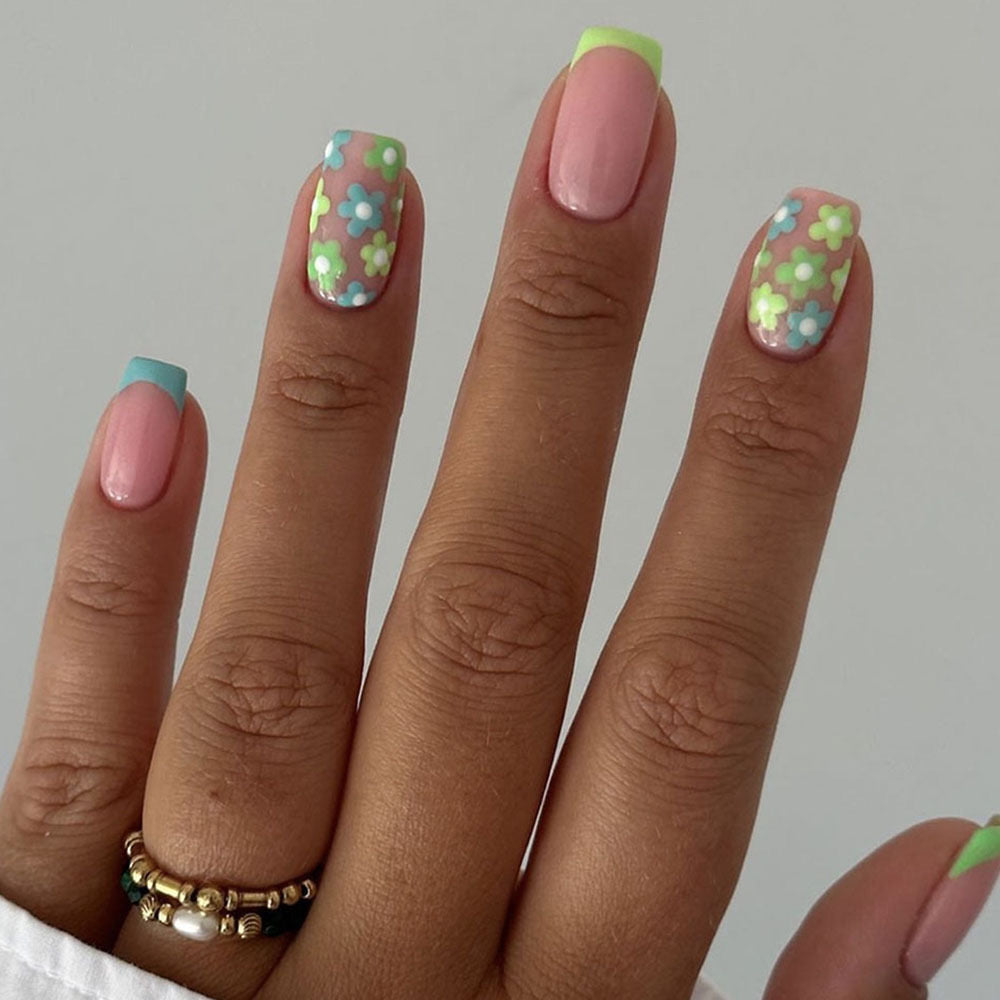 Spring Fling Medium Length Square Pastel Pink and Mint Press-On Nails with Floral Accents