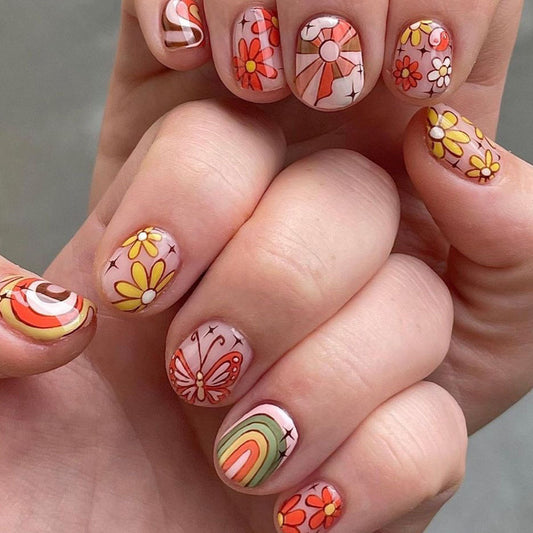 Retro Bloom Medium Round Multicolor Press-On Nails with Floral and Rainbow Patterns