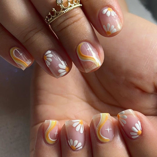 Summer Sunrise Short Square Translucent Press-On Nails with White Floral and Yellow Swirl Accents