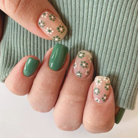 Spring Blossom Medium Squoval Sage and Blush Press-On Nails with Dainty Floral Art