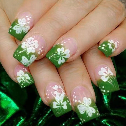 Emerald Elegance Short Length Square Green Press-On Nails with White Floral Accents